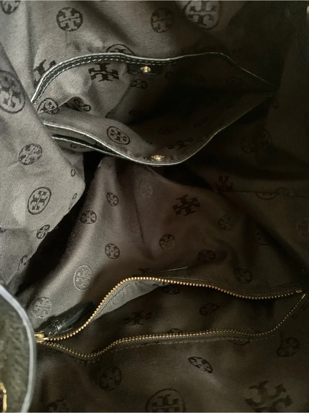 Tory Burch Black Pebbled Leather Logo Drawstring Backpack